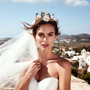 Bridal crown with white resin roses and golden leaves for weddings and photoshoots