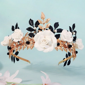 Handmade Polymer Clay White Rose Bridal Crown Headband Gold Black Leaf Artificial Pearl Hair Accessories For Wedding Party Women