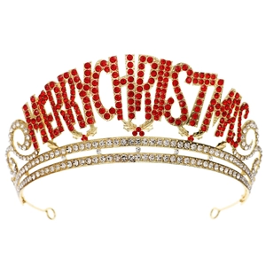 Couronne dorée Merry Christmas avec strass rouges et cristaux étincelants