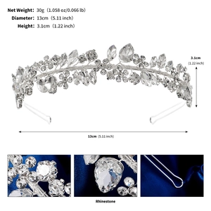 Vues détaillées du serre-tête de mariée fleuri en strass avec dimensions et poids