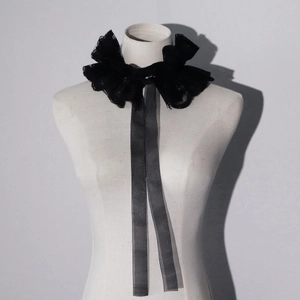 Gothic black lace ruffle choker collar with long satin ribbons for circus party costumes