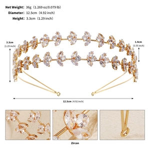 Macro detail of gold-plated leaf crown headband with zircon crystals and dimensions