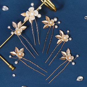 Lot de 6 épingles à cheveux dorées avec perles et pétales en acrylique pour mariée