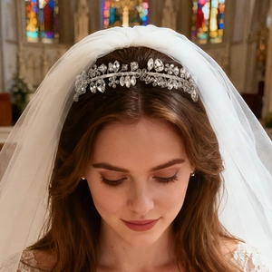 Tiare de mariée élégante en cristaux argentés avec voile en dentelle blanche à l'église