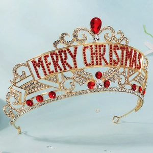 Golden Christmas crown featuring red rhinestones and Merry Christmas lettering design