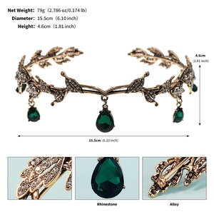 Detailed dimensions of antique gold leaf crown with green water drop rhinestones