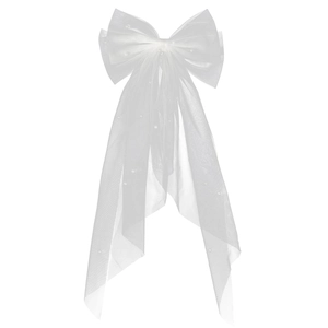 White tulle bow hair clip with pearls and long trailing ribbon for bridal party