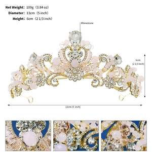 Detail view of pink crystal tiara with golden frame showing precise 13cm diameter dimensions