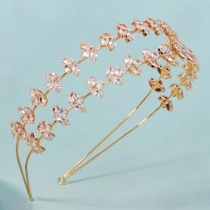 Elegant double-row gold zircon headband with marquise-cut crystal leaves for brides