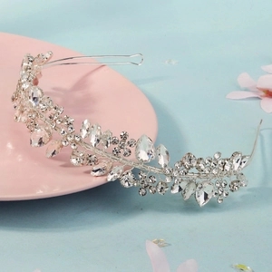 Serre-tête en Strass Étincelant Accessoires de Cheveux de Mariage Élégants Fait à la Main Diadème Feuille de Prunier Alliage Plaqué Argent Femme