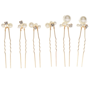 6-teiliges goldenes Braut-Haarnadel-Set mit weißen Perlen und Strasssteinen für Hochzeiten