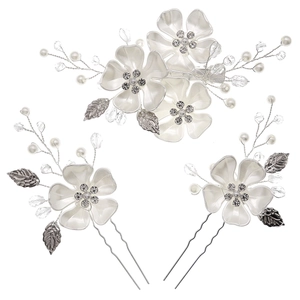Elegant bridal hair set with white acrylic flowers, pearls and crystal hair clips