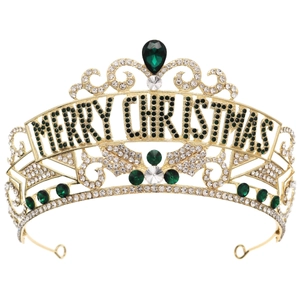 Golden Christmas crown tiara with green rhinestones and Merry Christmas lettering