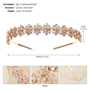 Detailed specs of the gold zircon headband crown showing 12.5cm diameter and 33g weight