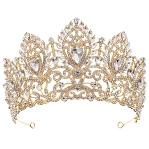 Luxurious gold crystal bridal crown with pear-shaped rhinestones on a white background