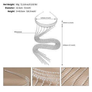 Détail d'un serre-tête en strass argenté à franges longues montrant dimensions et éclat