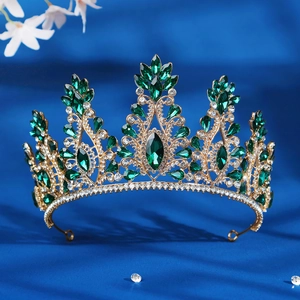 Vintage European bridal crown with emerald green crystals and gold alloy base