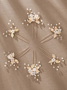 Détails de 6 épingles à cheveux dorées avec fleurs acryliques et perles pour mariages