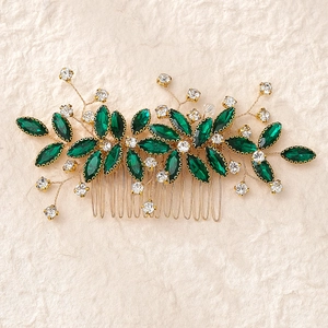 Exquisite handmade forest style hair comb with emerald green gems and rhinestones
