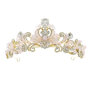 Couronne de mariée élégante avec cristaux roses et strass en tissage d'alliage doré