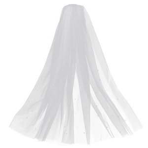 Elegant white bridal wedding veil with delicate pearls and fine mesh tulle design