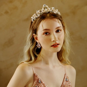 Couronne Baroque pour Enfants Tiara d'Or Avec Perles Roses Perle Artificielle Strass pour Filles Princesse Anniversaire Accessoires de Cheveux