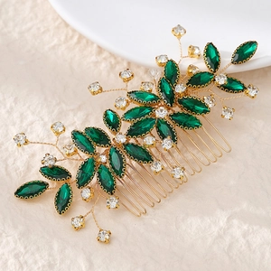 Elegant emerald green rhinestone hair comb with handmade golden wire and crystal beads