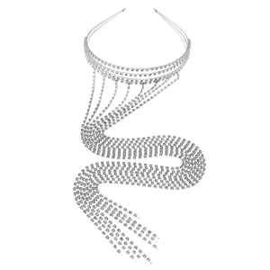 Serre-tête de mariée argenté avec de longs pompons en strass et des franges en cristal