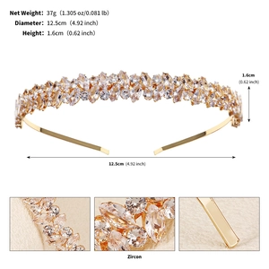 Macro detail of elegant gold-tone zircon headband showing precise marquise gemstone settings