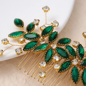 Elegant forest-style hair comb with green marquise rhinestones and golden wire branches