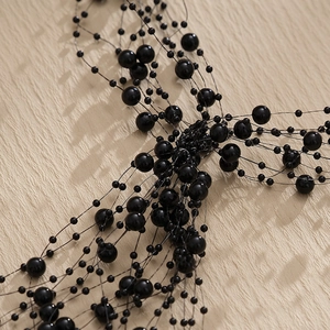 Elegant multi-layer black beaded headband with fringe and pearls for wedding parties