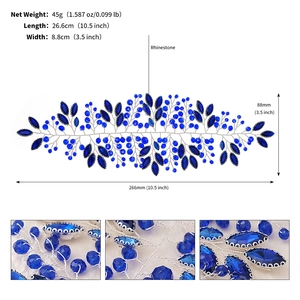 Macro detail showing blue rhinestone leaves and silver wire craftsmanship on bridal headband