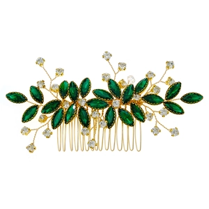 Exquisite gold hair comb with green leaf crystals and rhinestones for bridal hairstyles