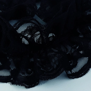 Macro shot of detailed black lace fabric with intricate floral patterns and scalloped edges