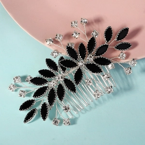 Elegant black leaf rhinestone hair comb for bridal parties with silver alloy teeth