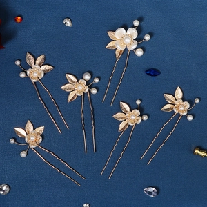 Lot de 6 épingles à cheveux mariée avec fleurs blanches, feuilles d'or et perles