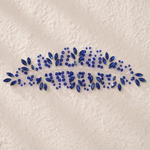 Detailed view of handmade blue crystal and marquise rhinestone bridal headband with silver wire