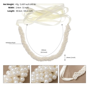 Detailed macro view showing the hand-woven imitation pearl belt with cream satin ribbons