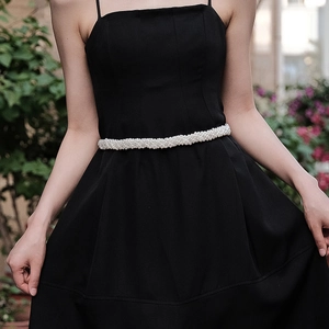 Elegant black strap dress with handmade pearl beaded bridal waist belt accessory