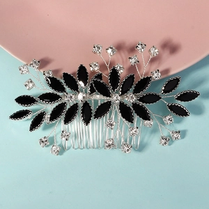 Elegant bridal hair comb with black marquise gems and silver rhinestones for parties