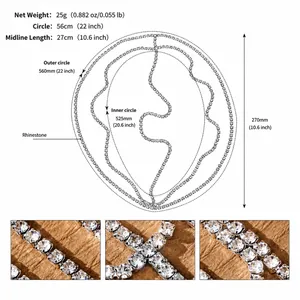 Size chart for rhinestone head chain hair accessory showing measurements and silver layers