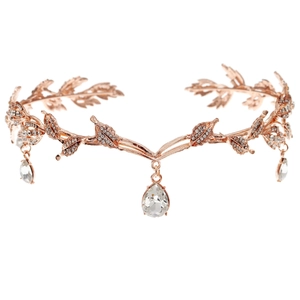 Rose gold leaf bridal tiara with rhinestones and pear-shaped crystals for weddings