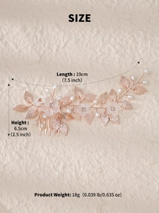 Dimensions détaillées du peigne à cheveux or rose avec fleurs mates, perles et feuilles
