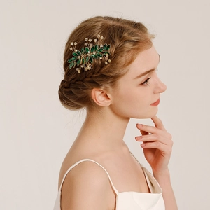 Vintage Handmade Beaded Hair Comb Floral Green Rhinestone Crystal Bridal Hair Insertion Comb For Women Wedding Party