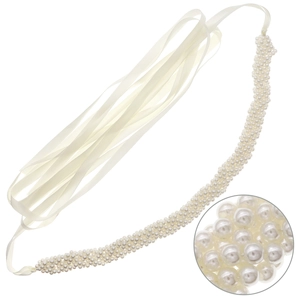 Elegant bridal waist belt with hand-stitched faux pearls and white satin ribbon ties