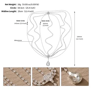 Detailed size chart for the rhinestone head chain showing measurements and silver alloy texture