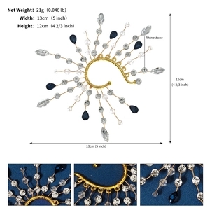 Detail showing dimensions and macro view of handmade gold floral hairpiece with blue rhinestones