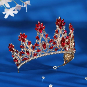 Luxurious vintage gold bridal crown with red crystals and rhinestones for weddings