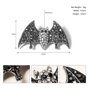 Detailed view of alloy rhinestone bat hair clip with size dimensions 6.5cm by 3.5cm