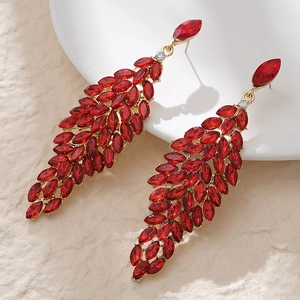 Luxury bridal chandelier earrings with red marquise rhinestones and gold alloy leaf drop